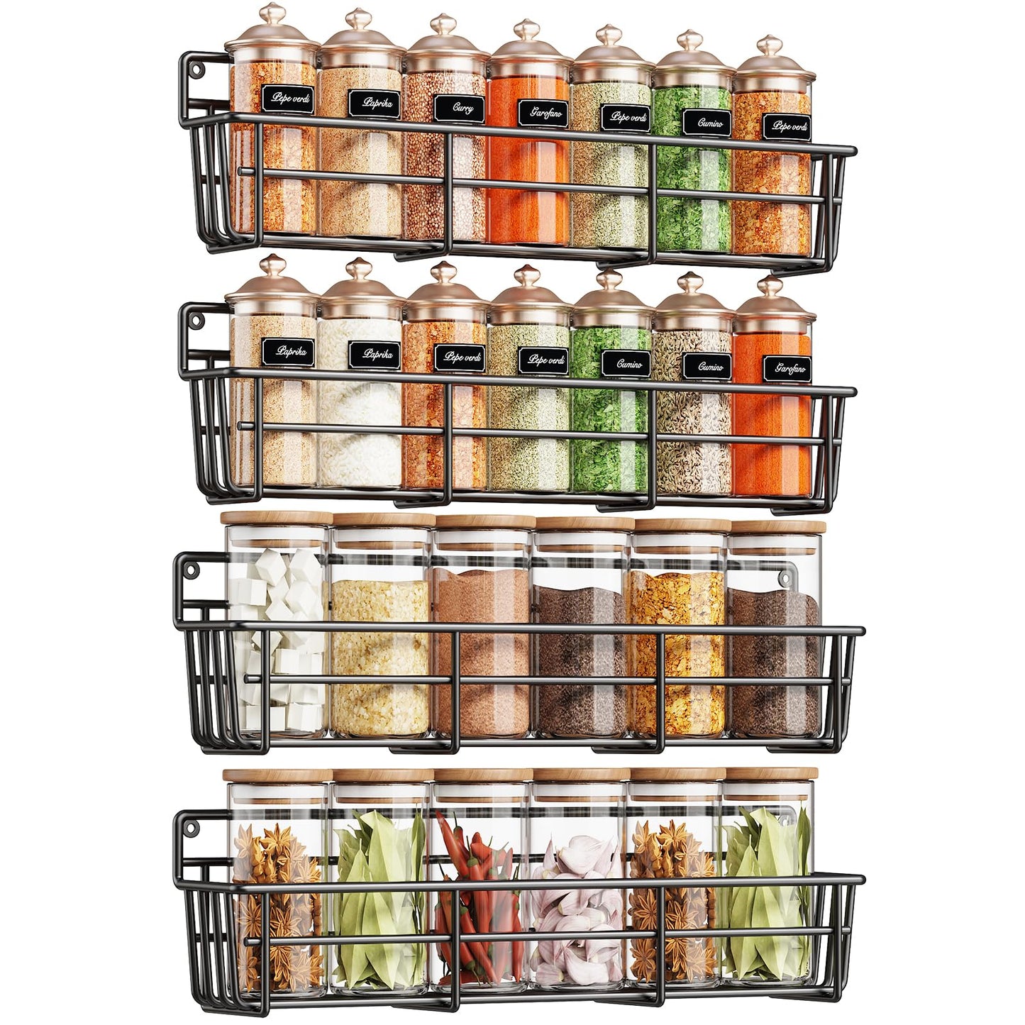 5 Pack Spice Rack Seasoning Organizer Wall Mount, Screw or Adhesive Hanging Shelf Basket Spice Organizer Shelf for Kitchen, Black