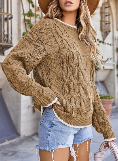 EVALESS Sweaters for Women Trendy Crewneck Long Sleeve Color Block Sweater Tops Fall 2025 Chunky Cable Knit Pullover Sweaters