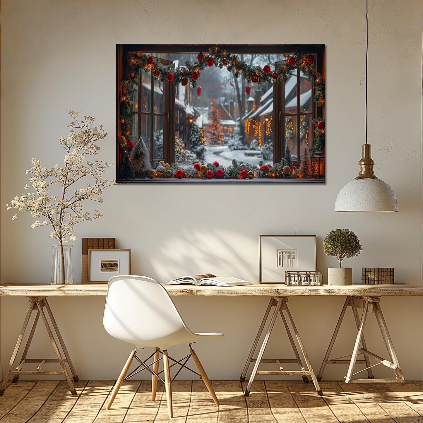 WOOHOOROO Fake Window Wall Sticker Festive Street Garland Christmas Peel and Stick Removable Holiday Scene,32" x 48"