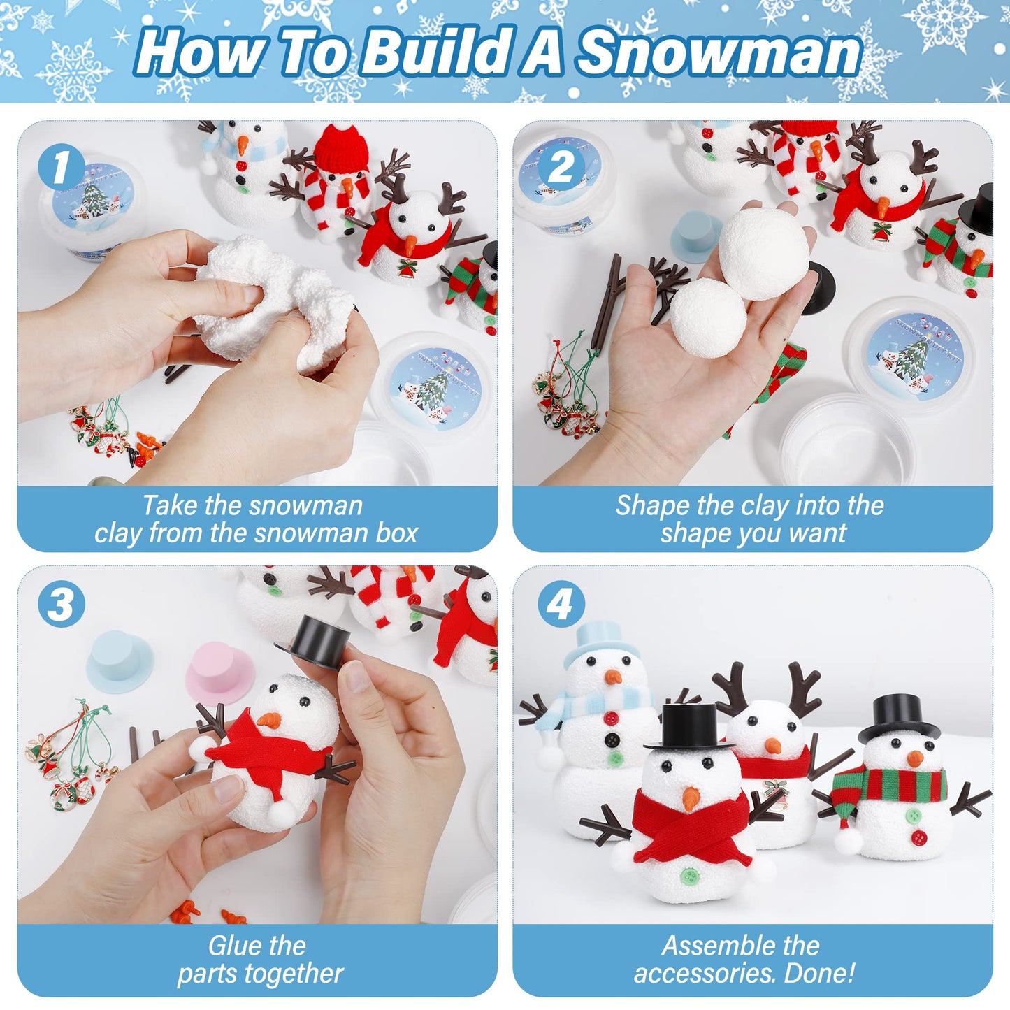 12 Pack Christmas Craft, DIY Snowman Kit for Kids, Build a Snowman Kit Indoor Decorations, Creative Kids Air Dry Modeling Clay, Xmas Activities Snowman Making Kit Toys for Holiday Favor Supplies