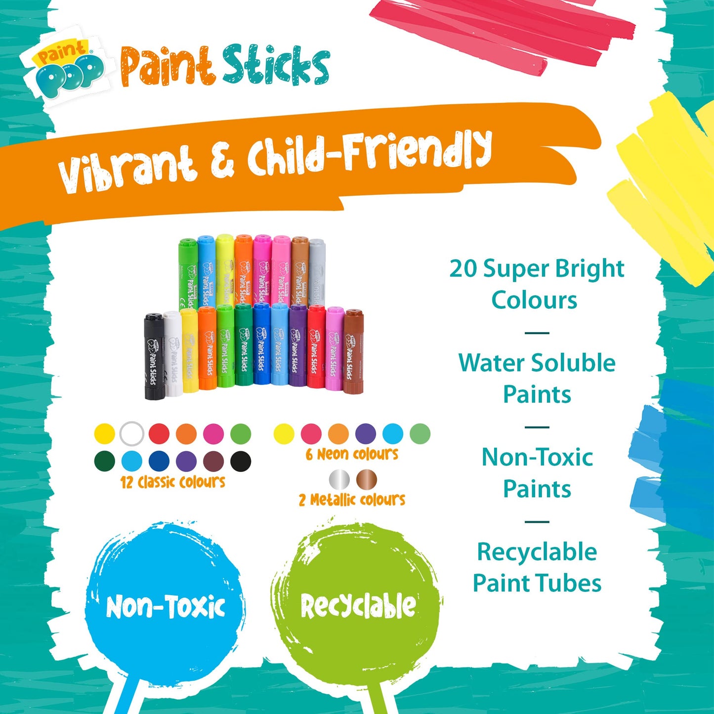 Paint Pop - Paint Sticks For Kids - 20 Pack Assorted Colours & Fun Storage Tub - Twist & Paint, Mess-Free, Fast Drying Action, Easy Clean Up, Vibrant Colours, Multi-Surface