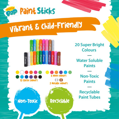 Paint Pop - Paint Sticks For Kids - 20 Pack Assorted Colours & Fun Storage Tub - Twist & Paint, Mess-Free, Fast Drying Action, Easy Clean Up, Vibrant Colours, Multi-Surface