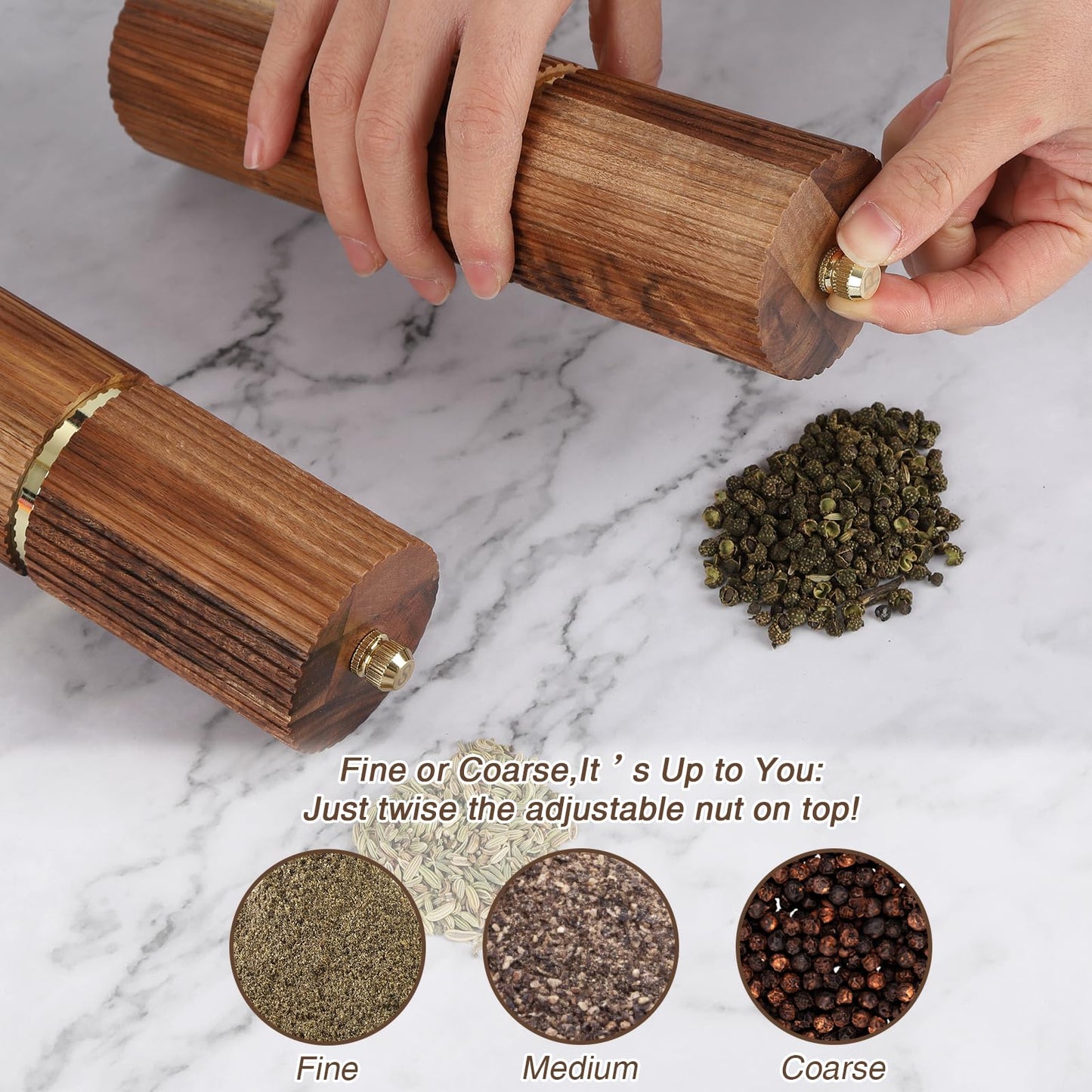 Wooden Salt and Pepper Grinder Set, Refillable Salt and Pepper grinder with adjustable Coarseness, Acacia Wood pepper mill manual, Salt and Pepper Shakers Matching Wooden tray-Ideal for Gifting