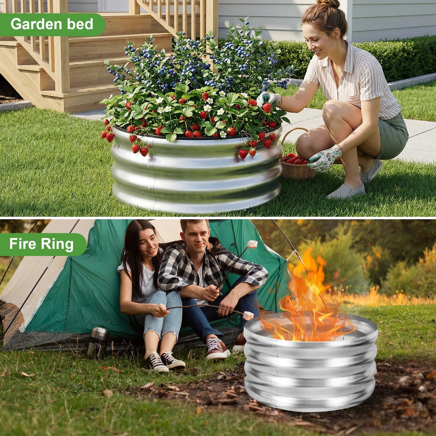 Permade Galvanized Raised Garden Bed- 2Pcs Metal Planter Boxes Outdoor | 12" Tall 24" Round Steel Raised Bed Kit & Fire Pit Ring for Gardening with Protective Tape for Vegetables, Flower (Sliver)