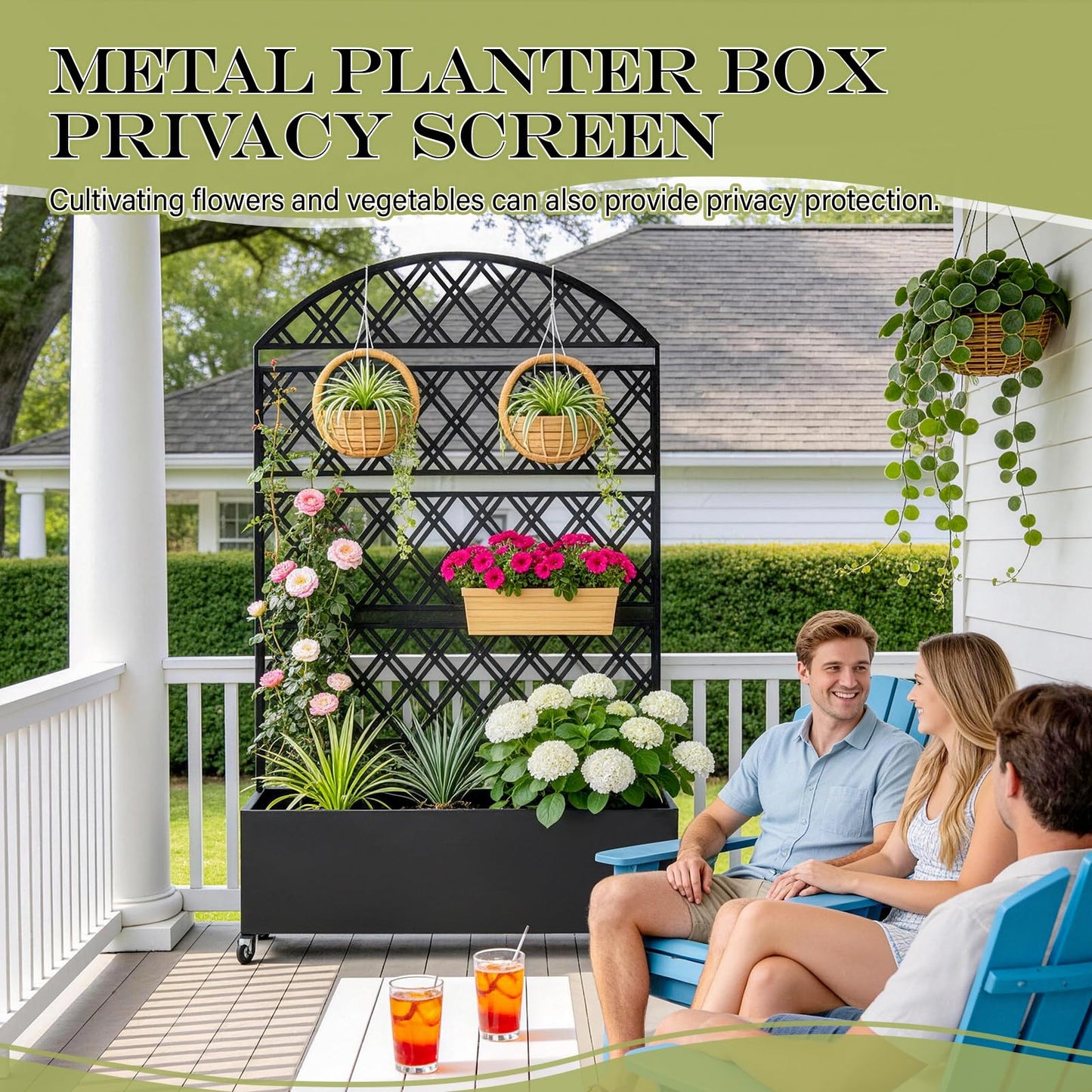 Metal Planter Box with Trellis Raised Garden Bed on Wheels Galvanized Steel Privacy Screen for Patio,Large Self-Watering Container with Drainage Holes for Climbing Plants Vegetables Flowers (Dome)
