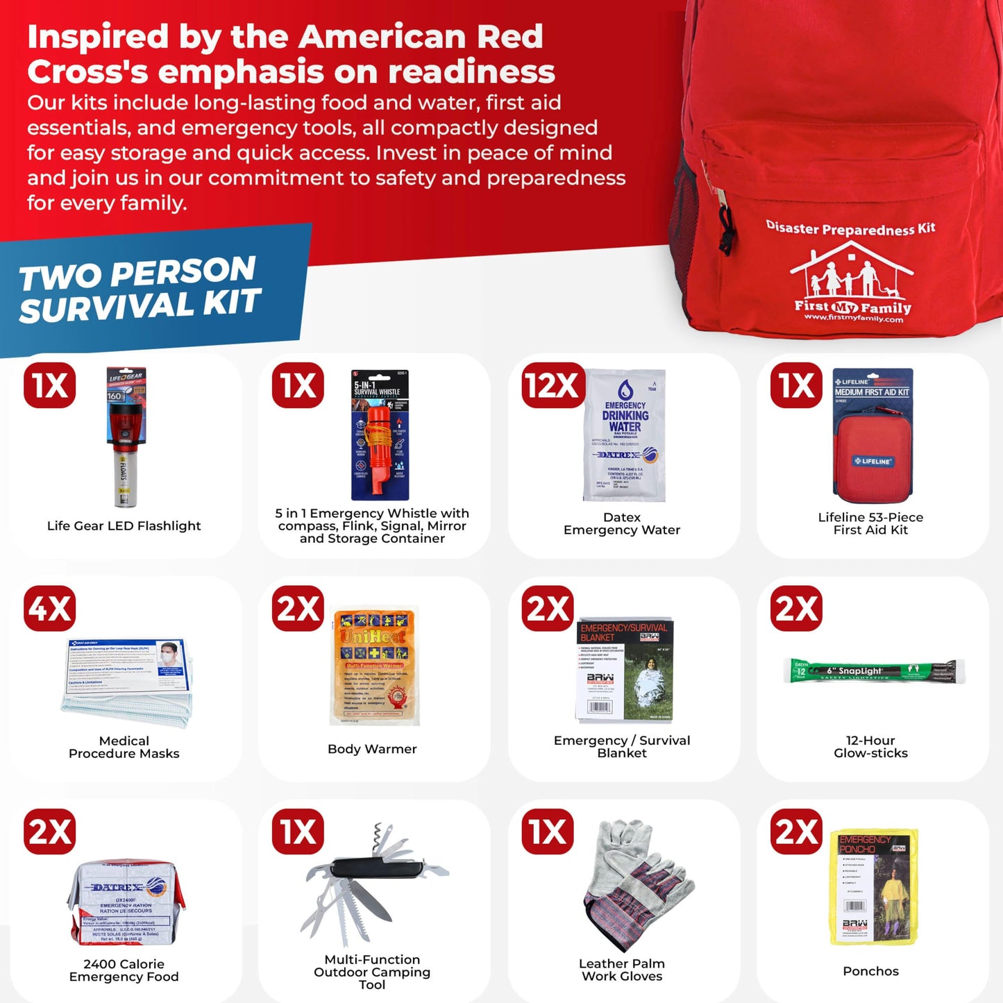 First My Family All-in-One Premium 2-Person Emergency Survival Kit | Hurricane & Earthquake Preparedness Supplies | Disaster Backpack with 72-Hour Survival Gear, First Aid, and More