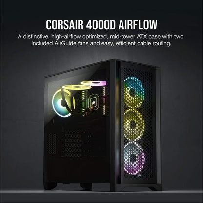 Corsair 4000D AIRFLOW Tempered Glass Mid-Tower ATX Case - High-Airflow - Cable Management System - Spacious Interior - Two Included 120 mm Fans - Black