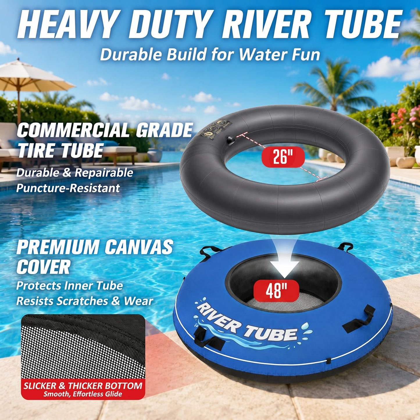 ZEALFEEL River Tube, 48'' Heavy Duty Rubber River Float Tube with Commercial Grade Inner Tube, Premium Canvas Cover, Removable Cup Holder & Tow Strap, Inflatable Tube for Adults Lake Pool Floating