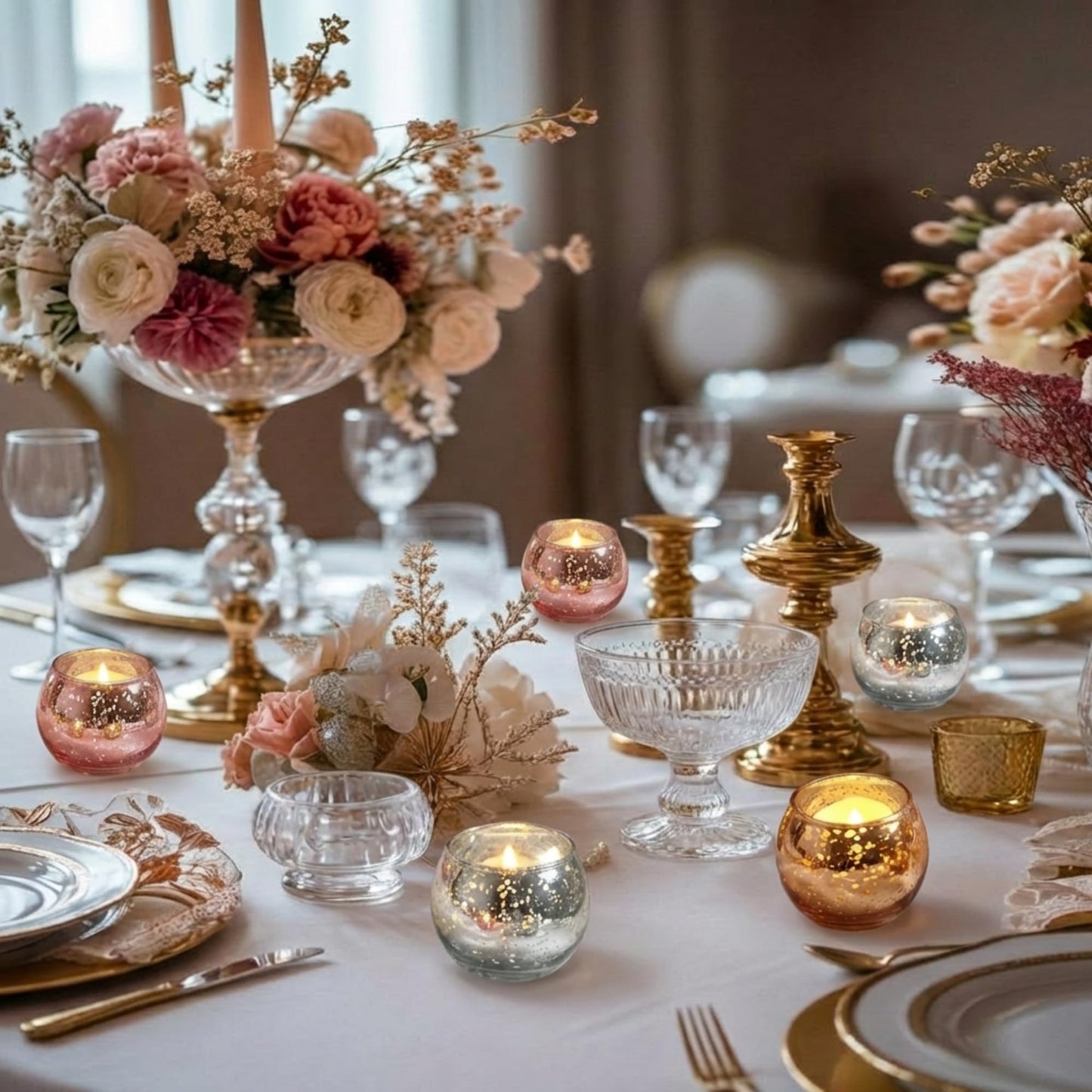 Rtteri 12 Set Votive Candle Holders Wedding Centerpiece Table Decorations Speckled Mercury Glass Votive Candle Holders with Tea Lights Birthday Party Decorations for Home (Gold)