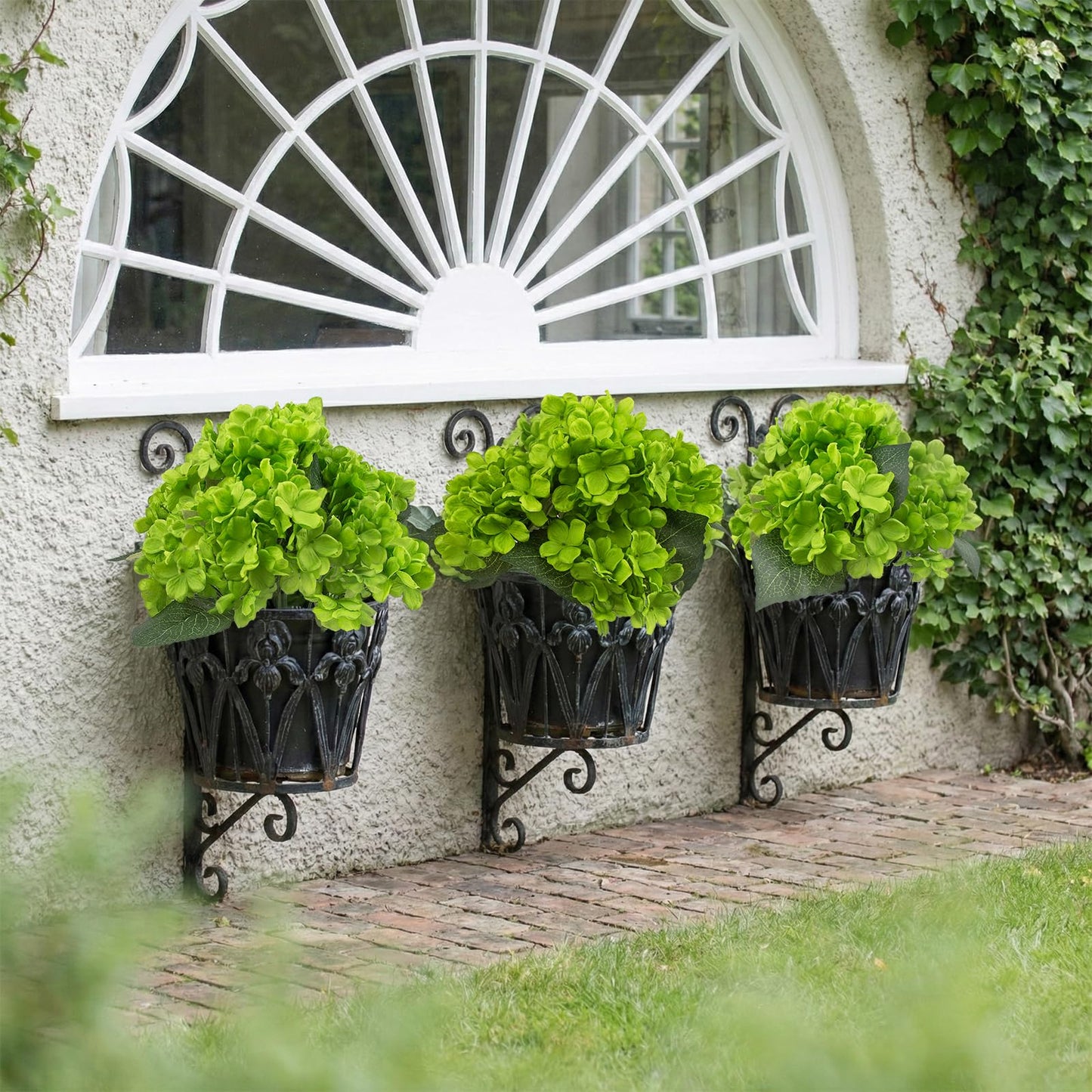 4 Pcs Hydrangea Artificial Flowers Outdoor Silk Bouquets, UV Resistant Green Faux Hydrangeas Flowers for Table Vase Centerpieces Outside Party Wedding St Patrick's Day Home Outdoor Decor (4, Green)