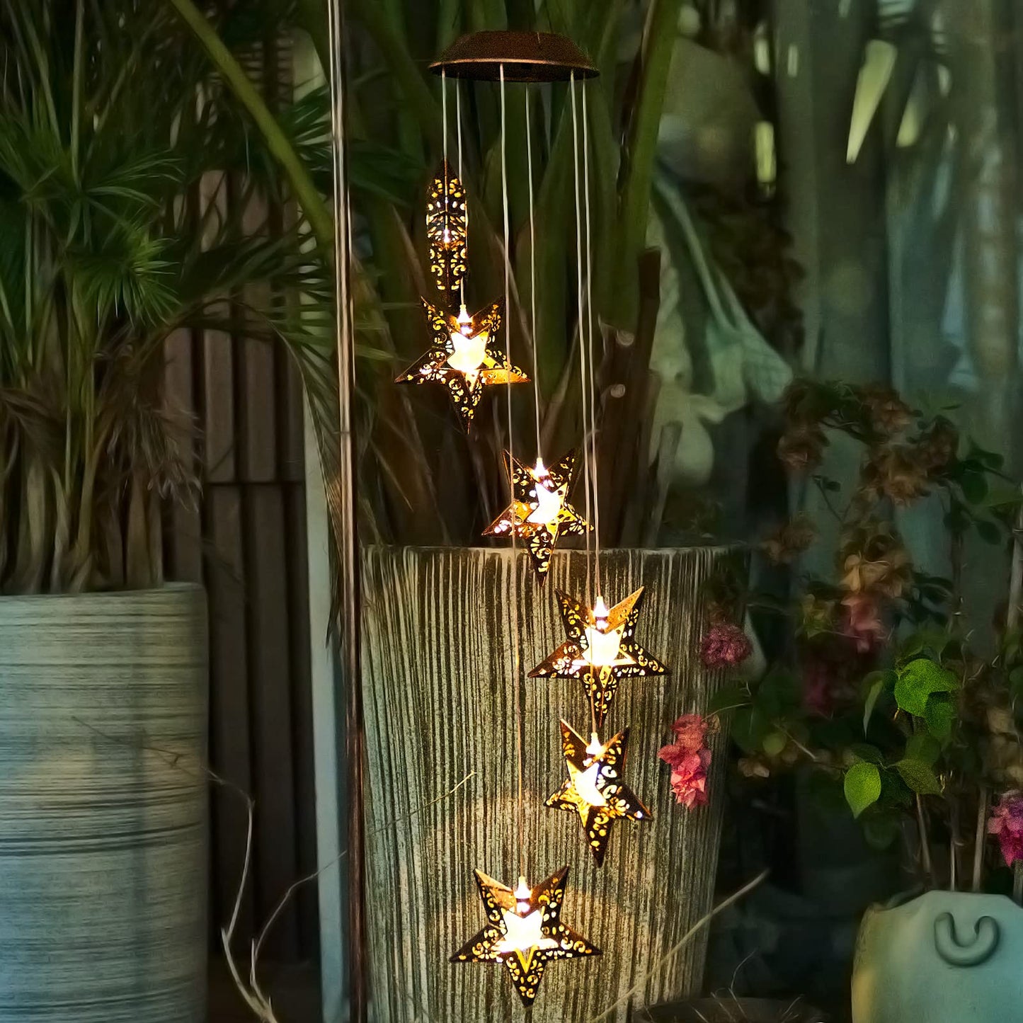 Tryme Solar Wind Chimes Star Wind Chime Warm LED Hanging Solar Lights Unique Garden Decor Memorial Thanksgiving Gifts for Mom Grandma Sister Home Party