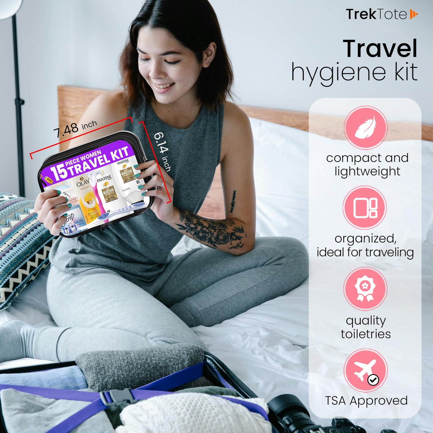 Trektote Travel Toiletry Kit For Women – 15 Piece Set of Travel Size Toiletries, TSA Compliant, Travel Essentials, Includes Shampoo And Conditioner, Body Wash, Toiletry Bag & More