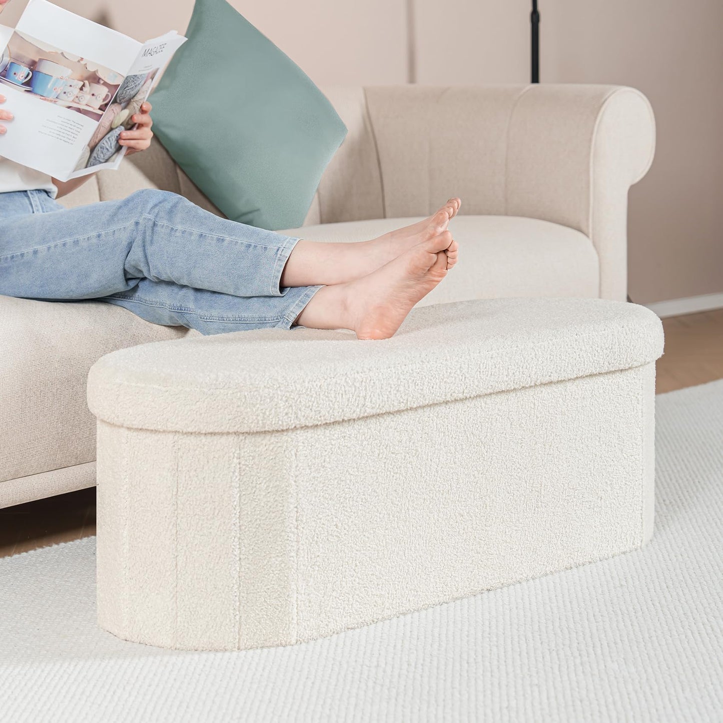 B FSOBEIIALEO Ottoman with Storage for Living Room, Sherpa Folding Storage Ottoman Foot Rest, 43.3 Inches Collapsible Bedroom Bench White