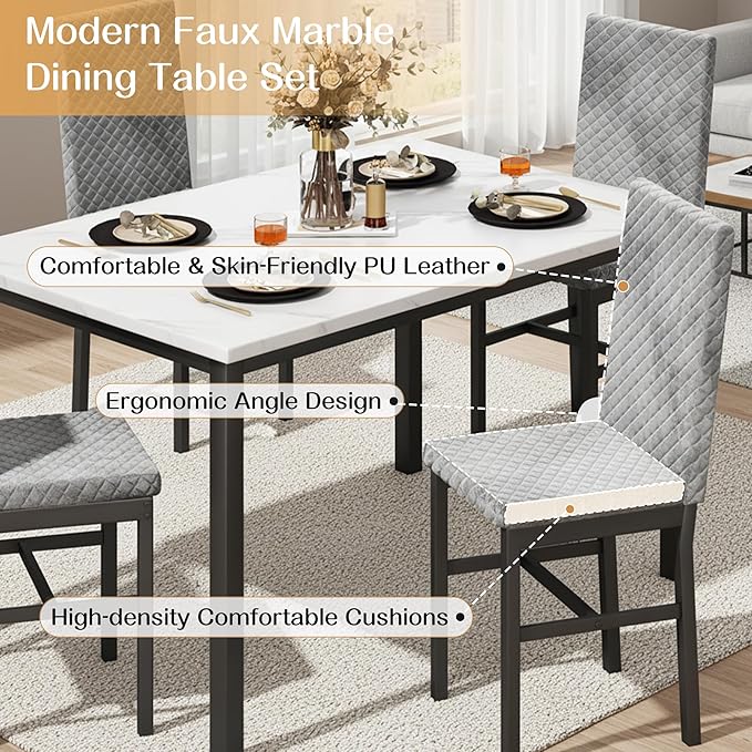 Recaceik Dining Table Set for 4, Modern 5 Piece Dining Table Set Faux Marble