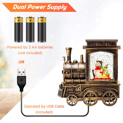 IPOW Christmas Snow Globe Lantern Train with Water Swirling Glitter, Musical and Lighted 6 Hours Timer USB Powered & Battery Operated Music Box for Christmas Home Decoration Gift, Snowman Scene