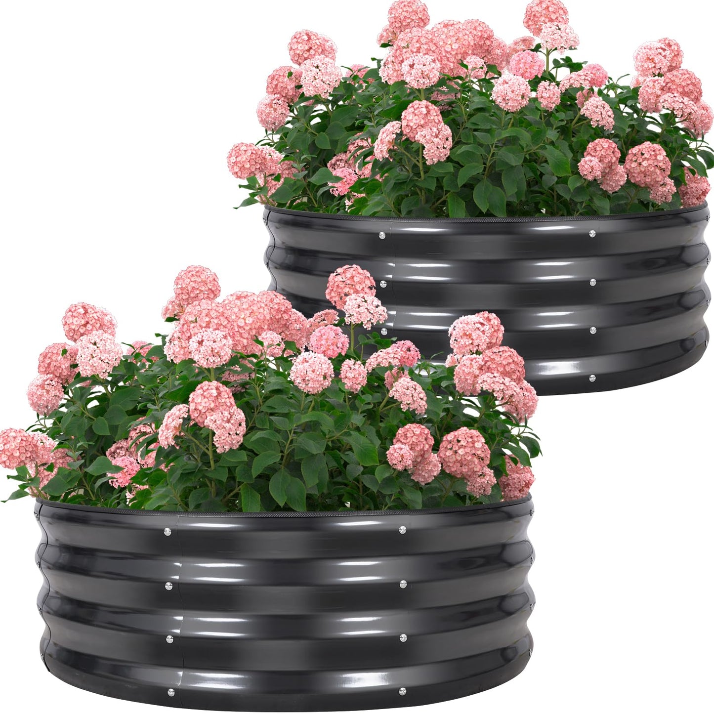 Permade Galvanized Raised Garden Bed- 2Pcs Metal Planter Boxes Outdoor | 12" Tall 36" Round Steel Raised Bed Kit & Fire Pit Ring for Gardening with Protective Tape for Vegetables, Flower (Grey)