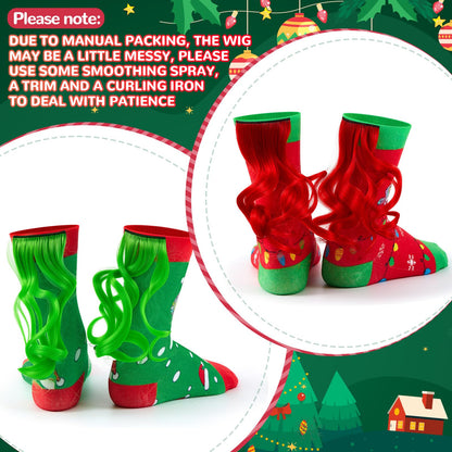 Tarpop 2 Pairs Crazy Funny Silly Socks for Girls Woman Wacky Socks with Wigs Novelty Crazy Funny Gift for Christmas(Christmas Unicorn,Medium)