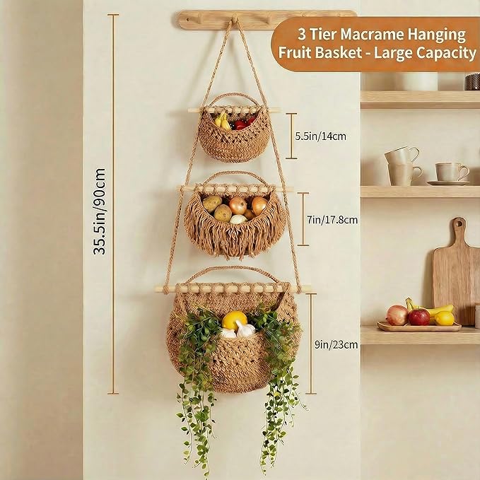 3 Tier Hanging Fruit Basket, Jute Wall Baskets Removable, Portable Produce