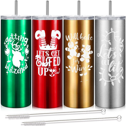 Maxdot 4 Pcs Christmas Tumbler with Lid and Straw Stainless Steel Christmas Cup Double-Insulated Water Travel Mug Vacuum Tumbler with Cleaning Brush Xmas Gift(Funny Style,Red/green/gold/silver)