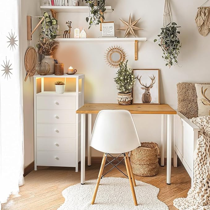 BOLUO White Dresser with 5 Drawers Tall Nightstand with Charging Station and