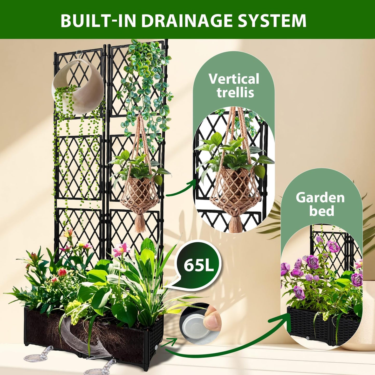 BUKLIYN Planter with Trellis - Raised Garden Bed with Trellis 75.5"x31.5"x16", Privacy Screen Planter Box with Drainage Hole, Outdoor Raised Garden Bed for Climbing Plants