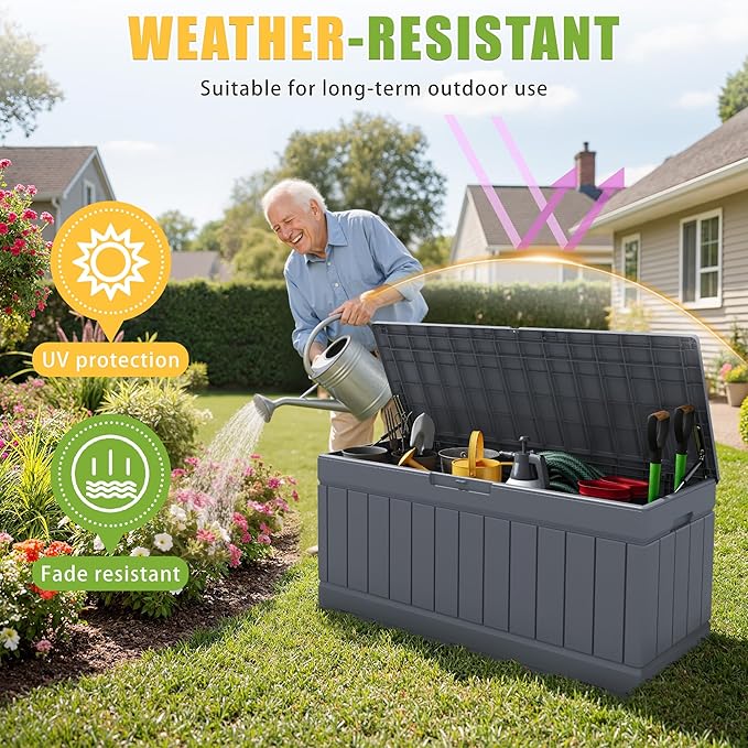 Greesum Outdoor Storage Box 82 Gallon Storage Bin with Lid for Patio Furniture, Garden Tools, Pool Supplies, Waterproof and UV Resistant, Lockable, Gray