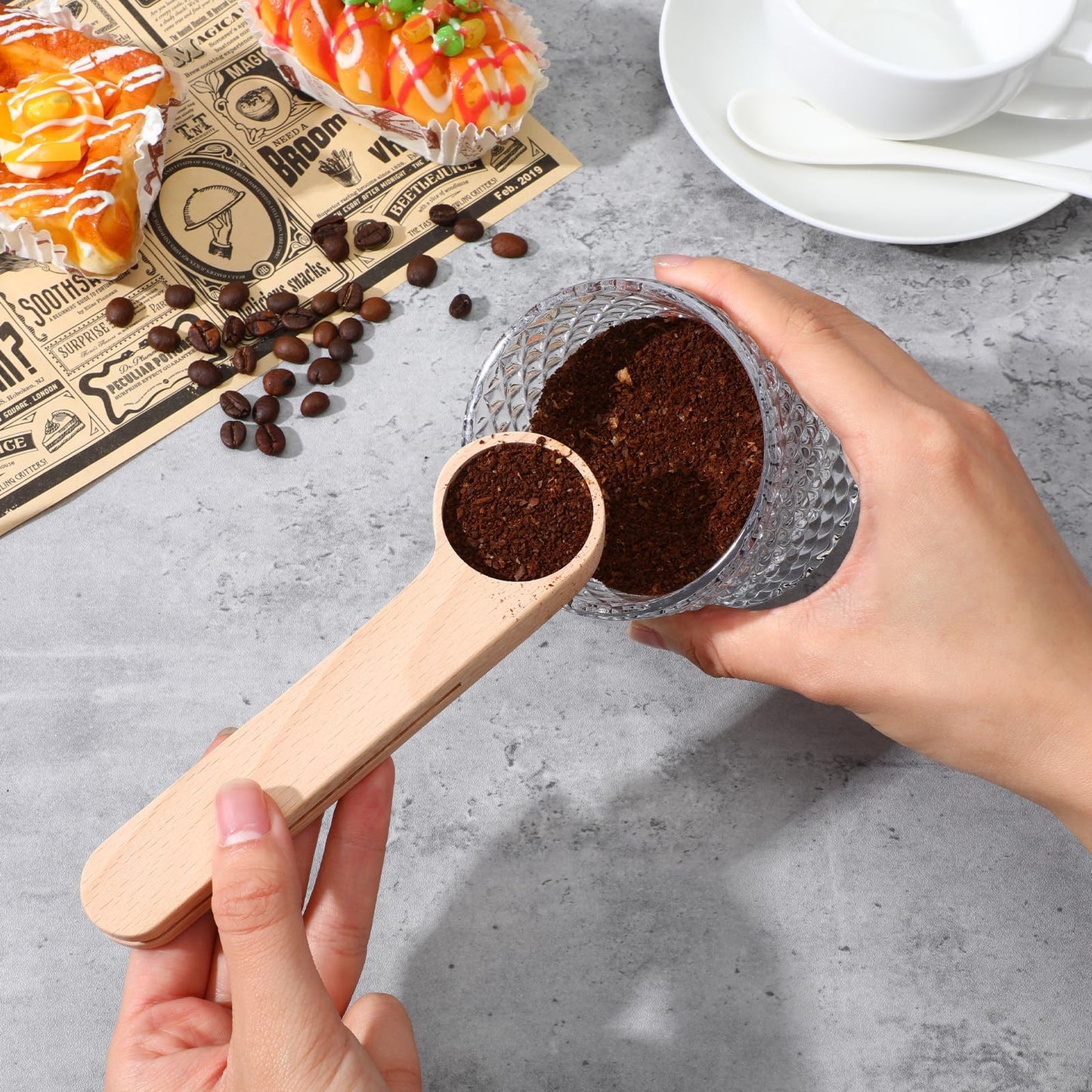 XLIUAX 12 Pcs Wooden Coffee Spoons, Tablespoon Measuring Scoop with Bag Sealer Clip for Ground Beans, Espresso Coffee, Tea, Sugar, Salt Home Kitchen Tools Utensils