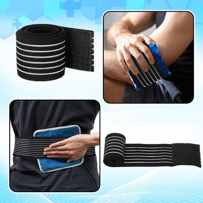 Geiserailie Ice Pack Strap Stretchable, 4 Size Elastic Reusable Ice Belt Extender, Adjustable Hook and Loop Extension Straps Add Length to Most Hot Cold Therapy(8 Pcs,Black)