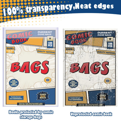 100 Count Comic Book Bags, Current Size Comic Bags 7.2 X 10.5 inch Transparent Acid-Free and Reusable Comic Book Sleeves for Regular Comics