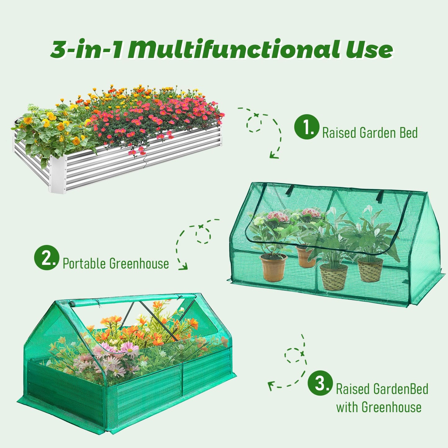 6 x 3 x 3 ft Galvanized Steel Raised Garden Bed, 2 Large Zipper Mesh Screen Windows Mini Greenhouse Outdoor, Bottomless Garden Bed with Greenhouse, Beds for Gardening, Flowers, Herbs, Vegetables