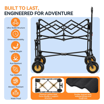 400L Double Decker Beach Wagon-500LBS Heavy Duty Beach Cart with 9" Big Balloon Wheels for Sand,Folding Collapsible Wagon with Side Pocket for Beach, Fishing, Camping,Outdoor(Black)