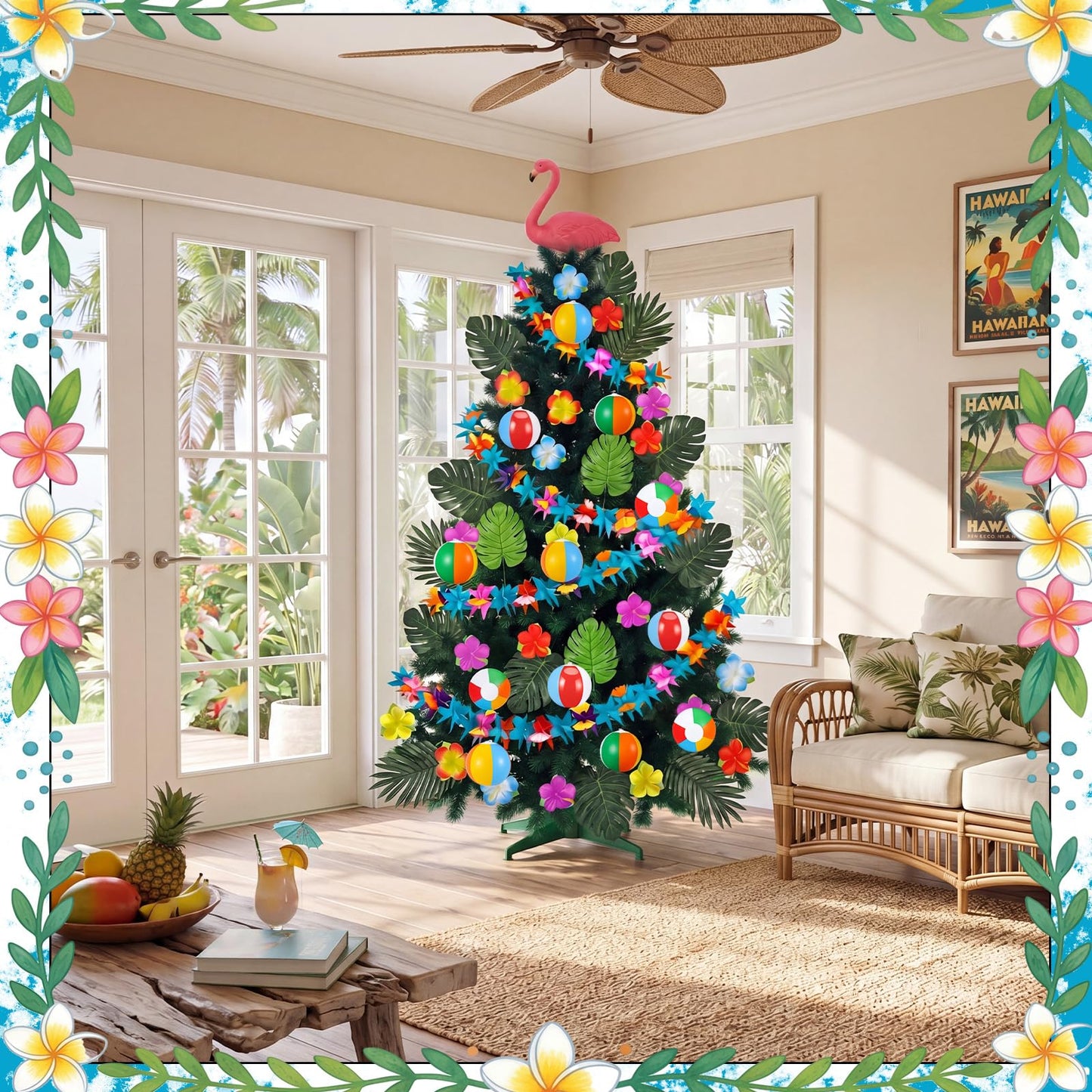 Glimin 54 Pcs Hawaiian Christmas Tree Decoration Set Tropical Flower Paper Garlands with Flamingo Tree Topper Hibiscus Flowers Palm Leaves Picks Beach Ball Ornament for Summer Hawaiian Luau Xmas Decor