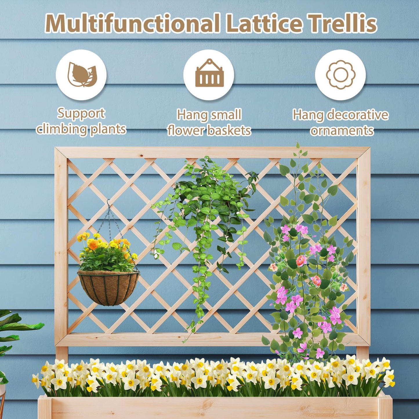 Giantex Raised Garden Bed with Trellis, Drainage Hole, Wood Elevated Planter Box for Climbing Vine Flower Herb Vegetable Fruit, Planting Container for Indoor Outdoor Patio Balcony (39”x14”x40”)