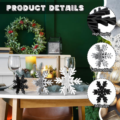 Bucherry 12 Pcs Wooden Snowflake Table Decor 3D Snowflake Tabletop Signs and Centerpiece for Frozen Party Christmas Xmas Winter Wonderland Decorations Home Office Mantel(White, Gray, Black)