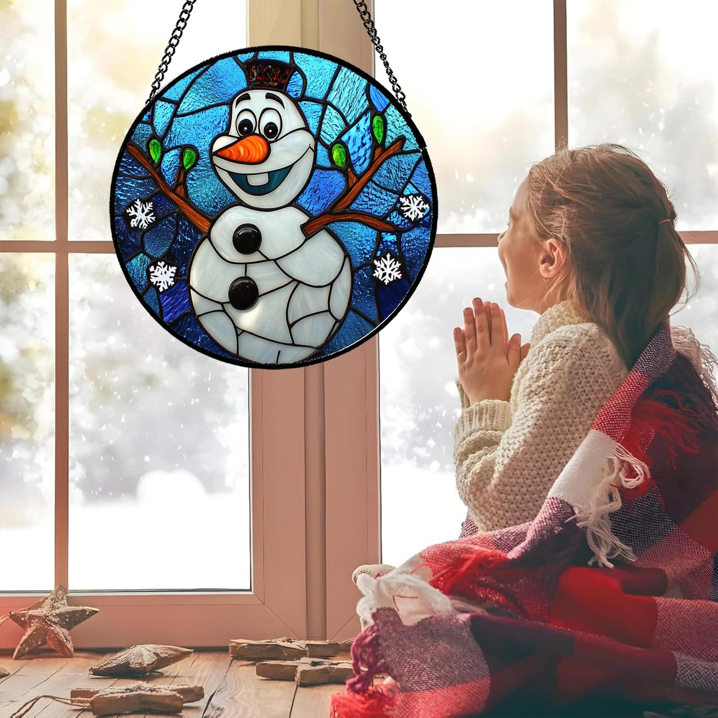 JOSUMALY Stained Glass Window Hanging Christmas Funny Snowman 7.8" - Suncatcher Door Garden Blue White Snowflakes Sun Catcher New Year Birthday for Friend Mom Men Woman Nana