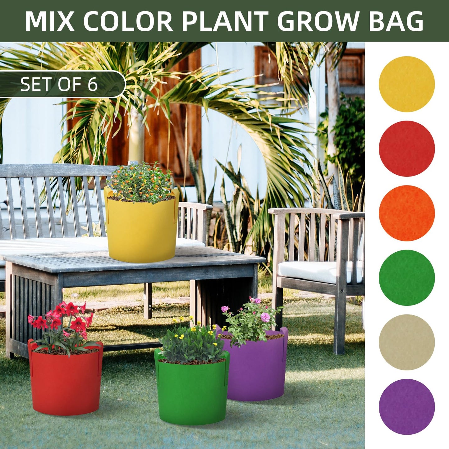 Ohiyoo 6 Pack 15 Gallon Grow Bags, Colorful Fabric Plant Pots with Handles, Garden 10 Gal Fabric Grow Pots, Vegetable Plant Growing Bags for Garden (15 Gallon)
