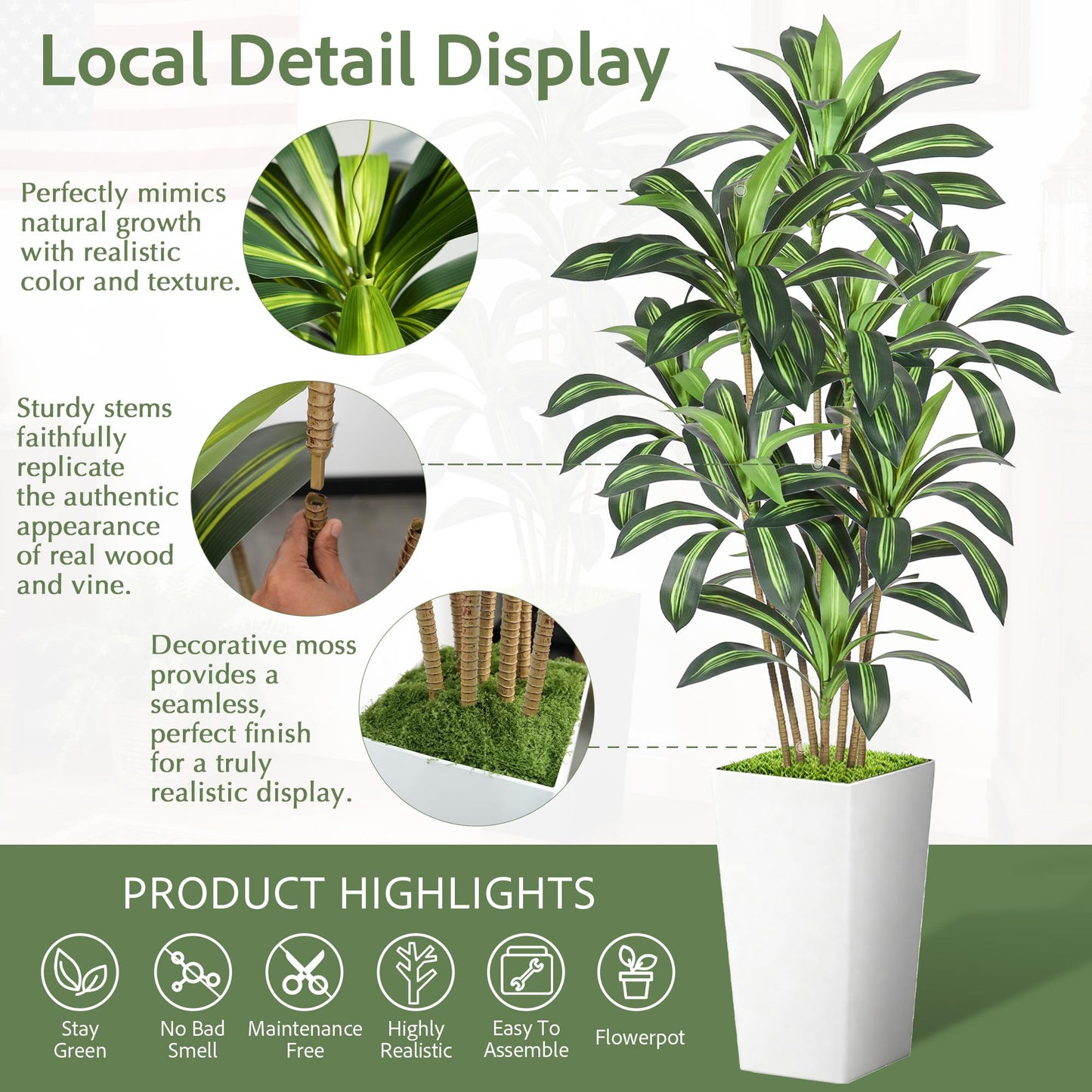 Wrbtn Realistic Artificial Indoor Plant Tree - Tall Fake Dracaena Potted Plant for Home Office Decor, Living Room & Bedroom - Lifelike Faux Plant Tree with Pot-Palm(White, 6FT)