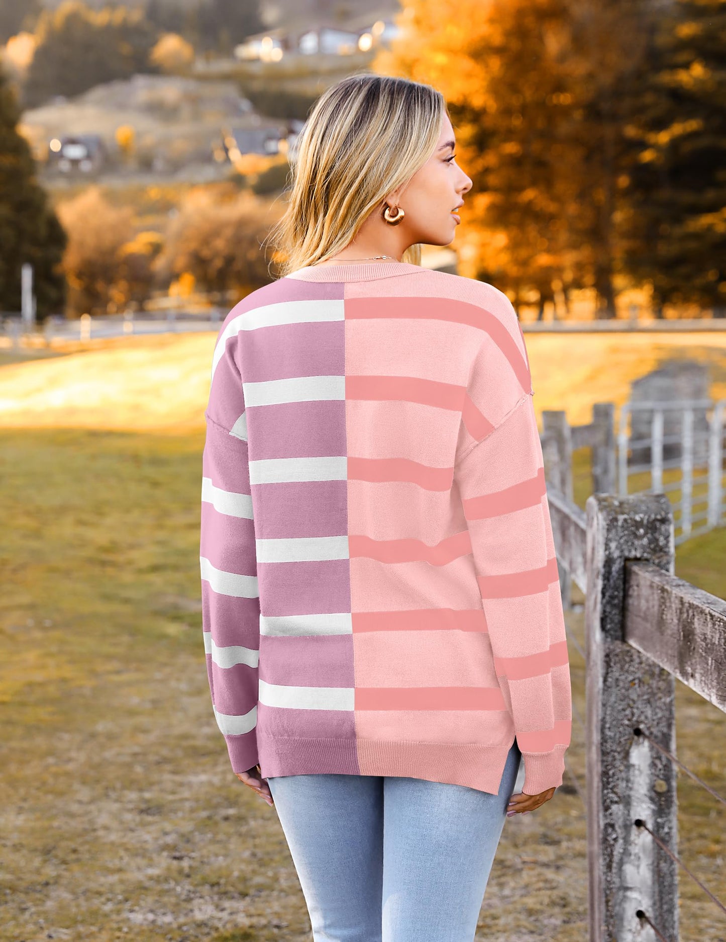 Zeagoo Womens Striped Oversized Sweater 2025 Crew Neck Long Sleeve Knitted Color Block Casual Loose Pullover Top