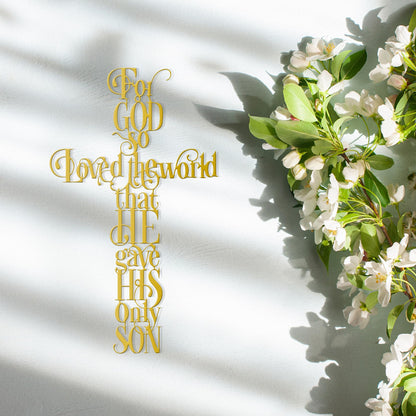 Rajukit Jesus Wall Art, Gold Cross Wall Decor with For God So Loves the World Quote, Religious Cross Decor for Home, Office, Cafe, Elegant Metal Wall Sculpture Gift