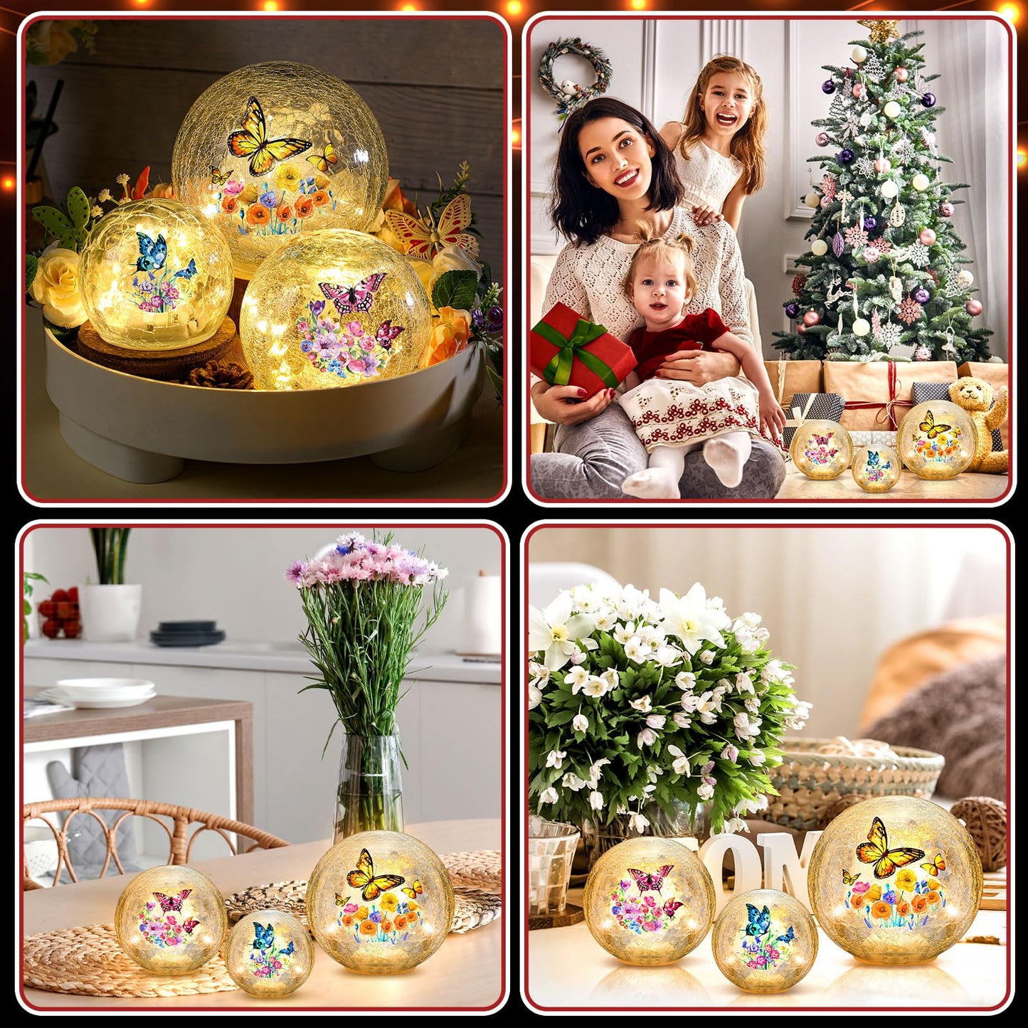 3pcs Spring Crackle Glass Ball Lights - Butterfly Ball Lamp Ornaments Indoor Globes Decorations LED Night Tabletop Decorative Sphere Lamp for Home Decor