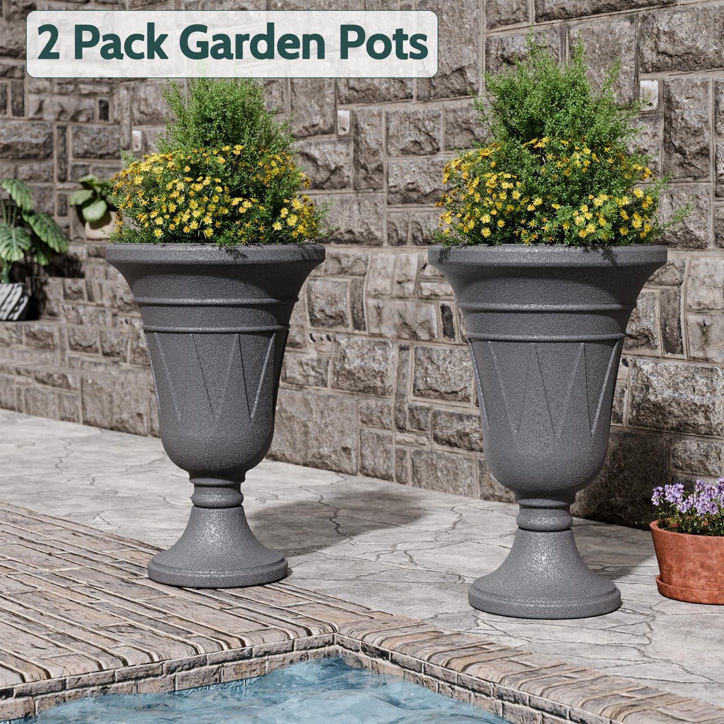 Trygoal 23.6" Tall Plastic Urn Planters for Outdoor Plants, Set of 2 Heavy-Duty Classic Indoor Large Flower Pots with Drainage Holes & Trophy Design, Outdoor Planters for Porch, Home Garden, Dark Grey