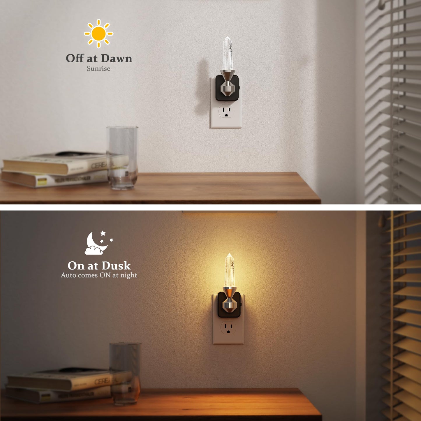 JandCase Healing Crystals LED Night Light Plug into Wall, 2 Pack Dimmable Night Lights witih Clear Quartz Tower, Dusk to Dawn Sensor Nightlights for Meditation Living Room Bedroom Home Decor