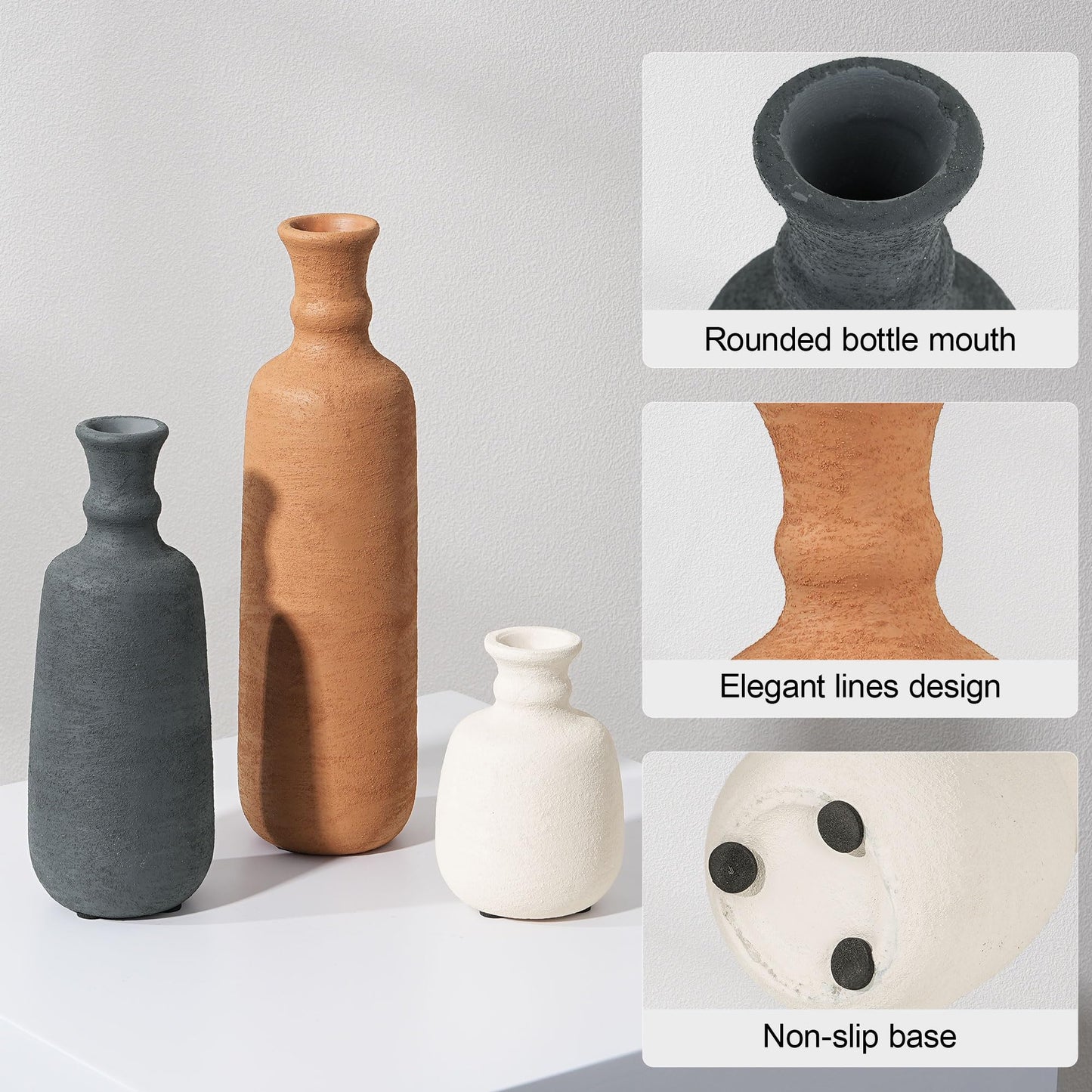 Ceramic Vase Set, 3Pcs Flower Vases for Modern Boho Farmhouse Decor, Decorative Vases for Pampas Grass & Dried Flowers, Distressed Finish