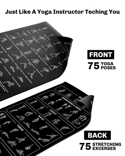 Instructional Travel Yoga Mat with 75 Poses & Exercises - Non-slip Exercise Mat for Home Workout, Includes Carrying Bag - Perfect for Beginners, 68"x24"x0.25"