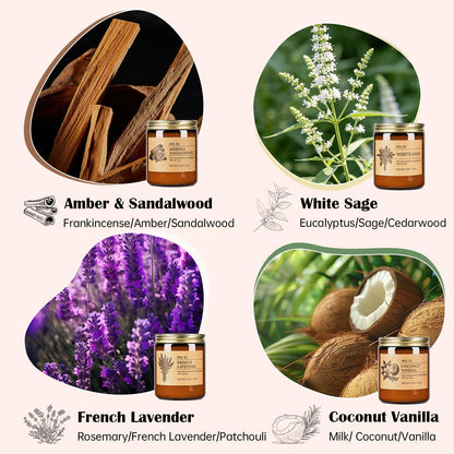Soy Candles Set of 4, 9oz Natural Soy Wax Aromatherapy Candles, Home Scented Candles with 4 Scents (Lavender, Amber Sandalwood, White Sage, Coconut Vanilla), Gifts for Mom, Women, Relaxation, Yoga