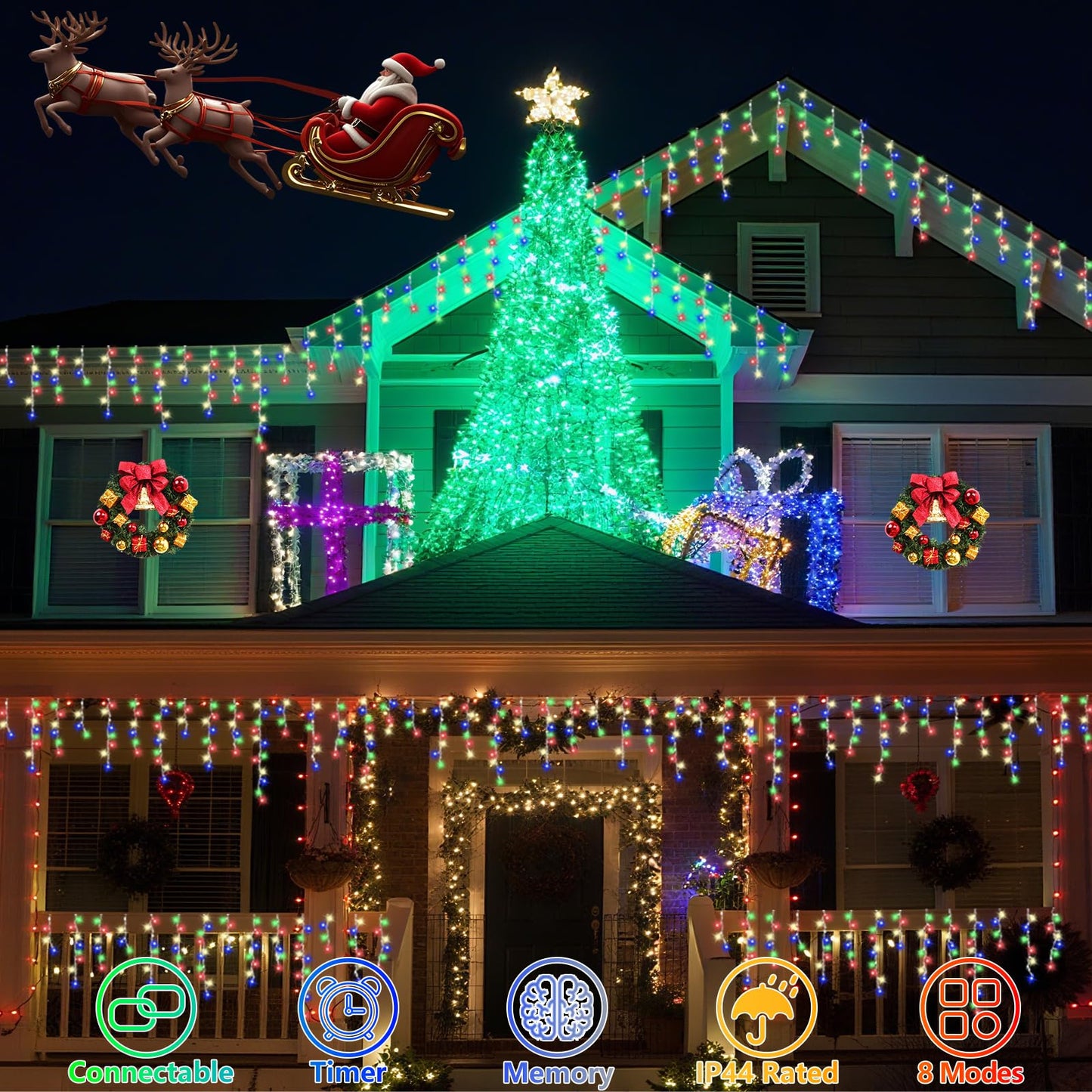 QITONG Multicolor Icicle Lights for Outside, 33ft 400 LED String Lights Indoor, Clear Wire Connectable Icicle Christmas Lights Plug in with 8 Modes