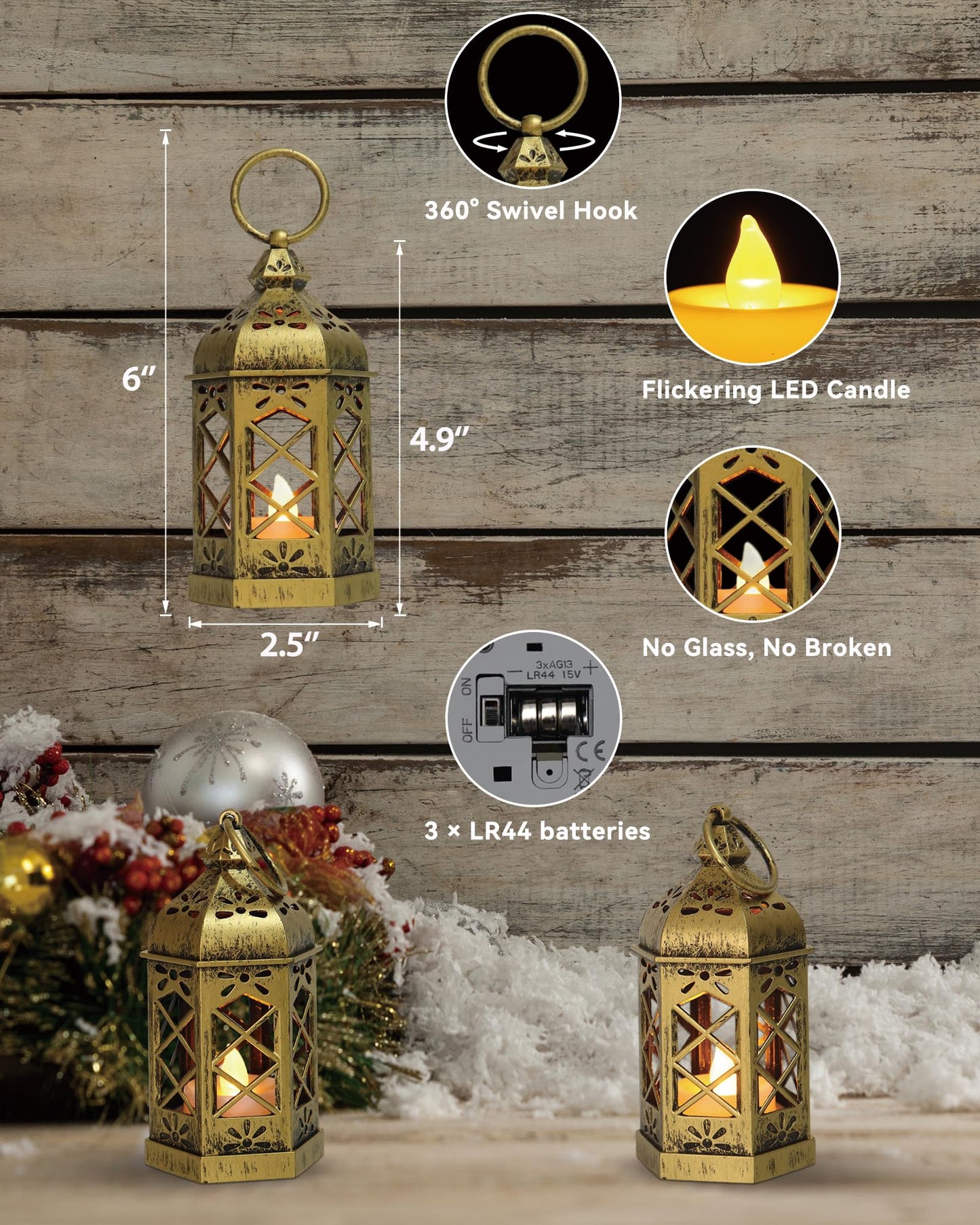 Reperla 8-Pack Mini Lanterns with Flickering LED Candles for Ramadan, Small Decorative Hanging Lanterns for Halloween, Christmas, Wedding, Gold Lantern for Table Centerpiece, Garden Party Decor