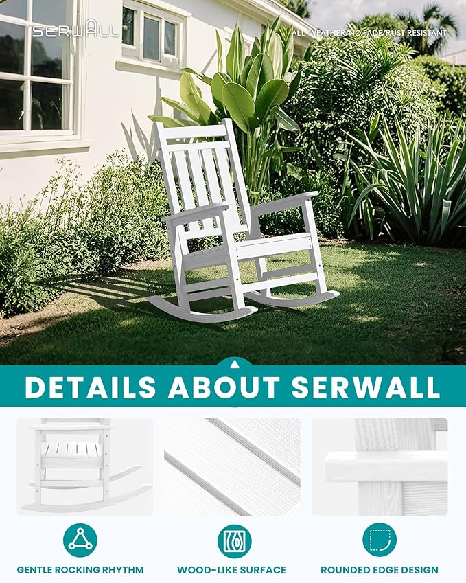 SERWALL Oversized Rocking Chair, Outdoor Rocking Chair for Adults, All Weather Resistant Porch Rocker for Lawn Garden, White