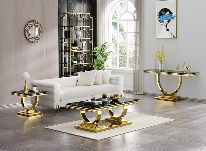 Henf Marble End Table Modern Black Faux Marble Sofa Side Table