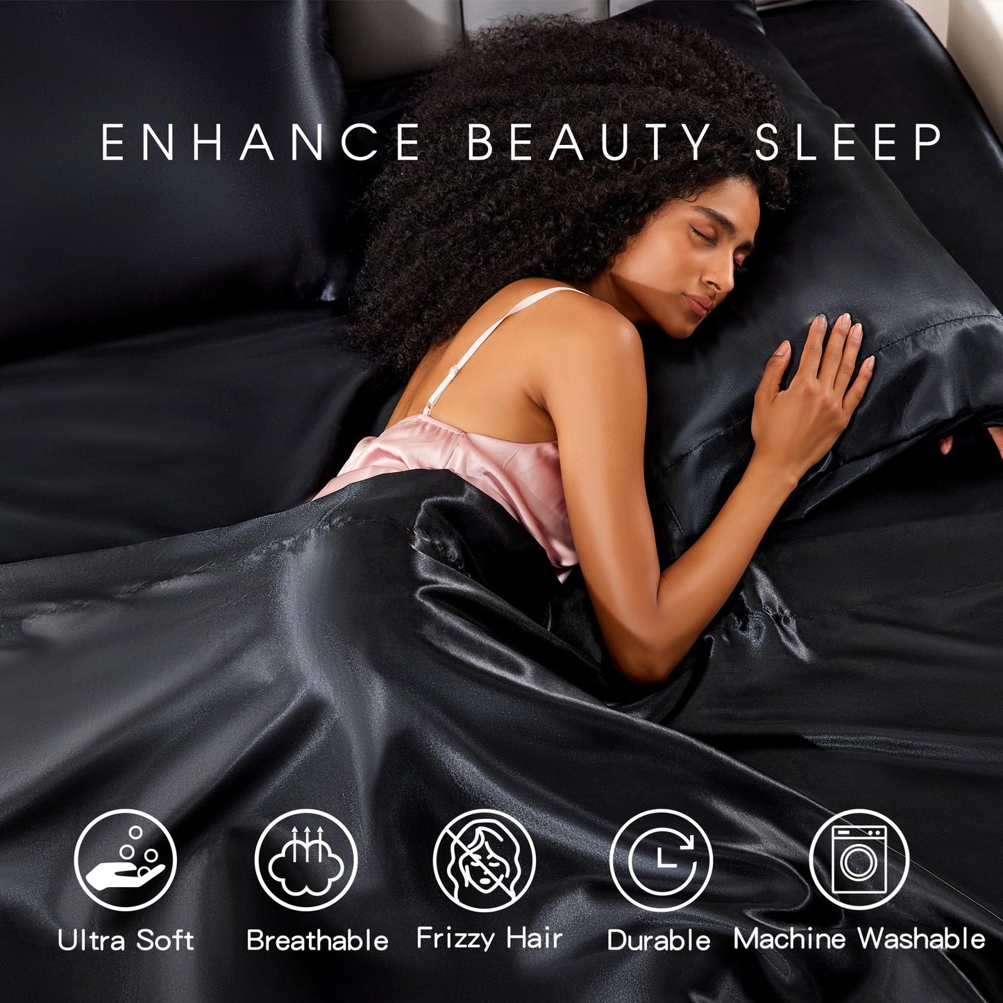 FreshCulture Satin Sheets King Size - 4 Piece Luxury Soft Silky Sheets for Hair and Skin, Similar to Silk Bed Sheet Set with 1 Deep Pocket Fitted Sheet, 1 Flat Sheet & 2 Pillowcases (Black)